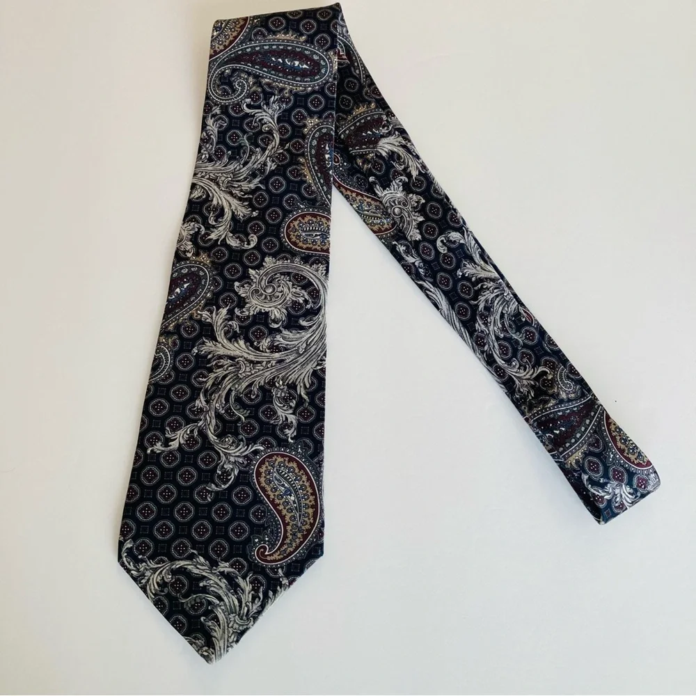 Bundle of 2 Henry Grethel Italian Silk Neck Ties 58” and 56” Paisley Leaf Black